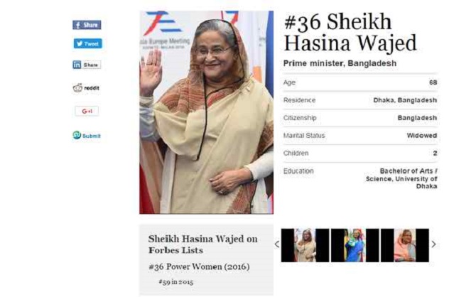 Hasina ranked 36th most powerful woman of the world