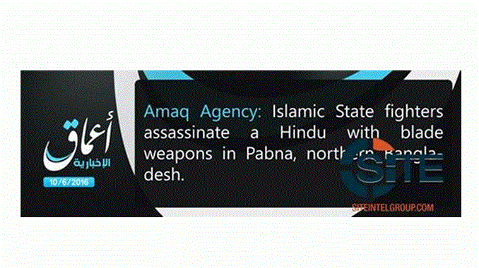 IS claims Pabna Hindu ashram volunteer killing: SITE